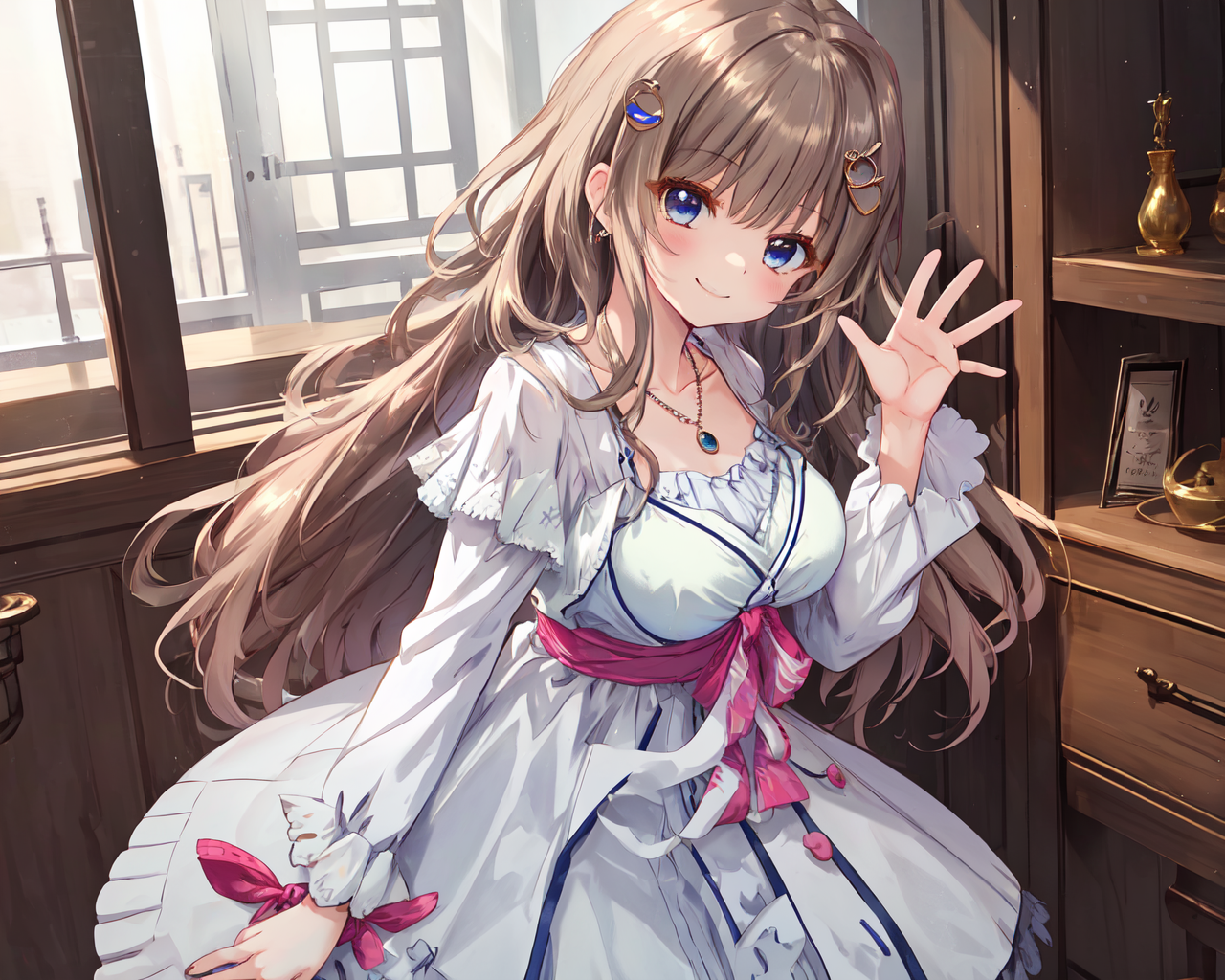 00902-2687059635-masterpiece, best quality,1girl, jewelry, necklace, waving, long hair, smile , dress, solo, breasts, closed mouth, eyebrows visi.png
